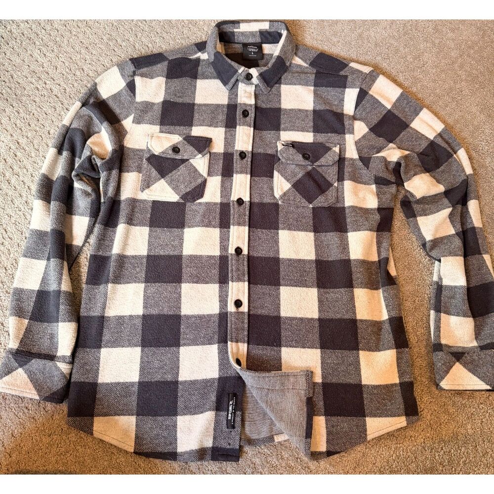 Rip Curl Polar Fleece Flannel Shirt Grey White Buffalo Plaid Button Up Size L